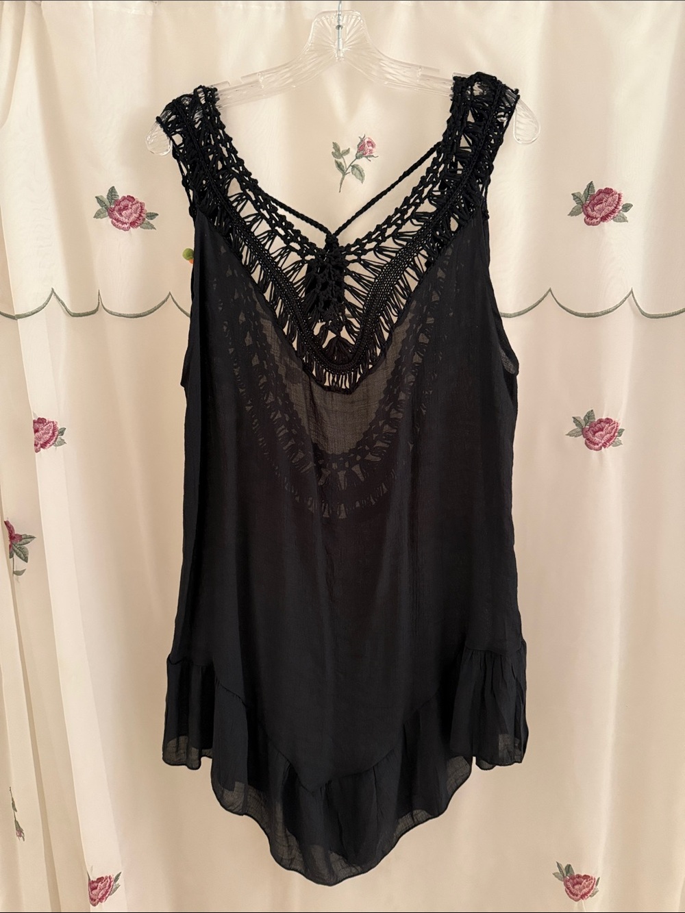 Black V-Neck Swim Suit Cover-up w/Multi-colored Pom-poms in Back